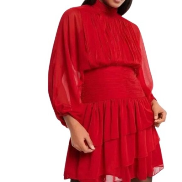 Express Womens Mini Dress Red Pleated Mock Neck Ruffle Tiered Chiffon 4 New - Picture 1 of 3